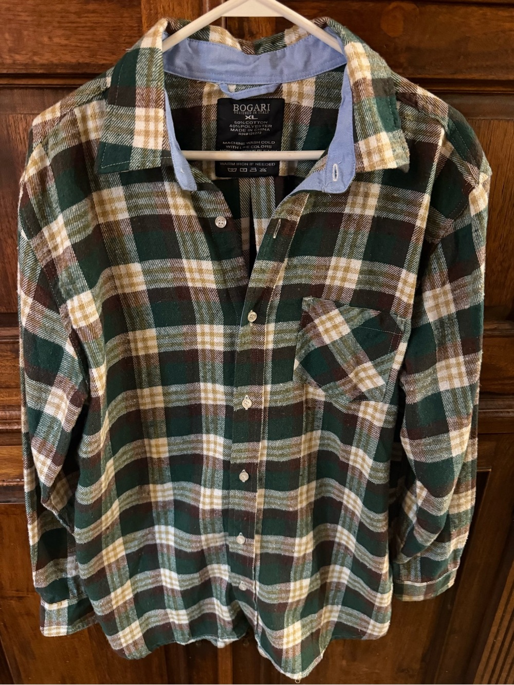 Bogari Men's Plaid Flannel Button-Up Shirt Green Blue Brown XL Long Sleeve